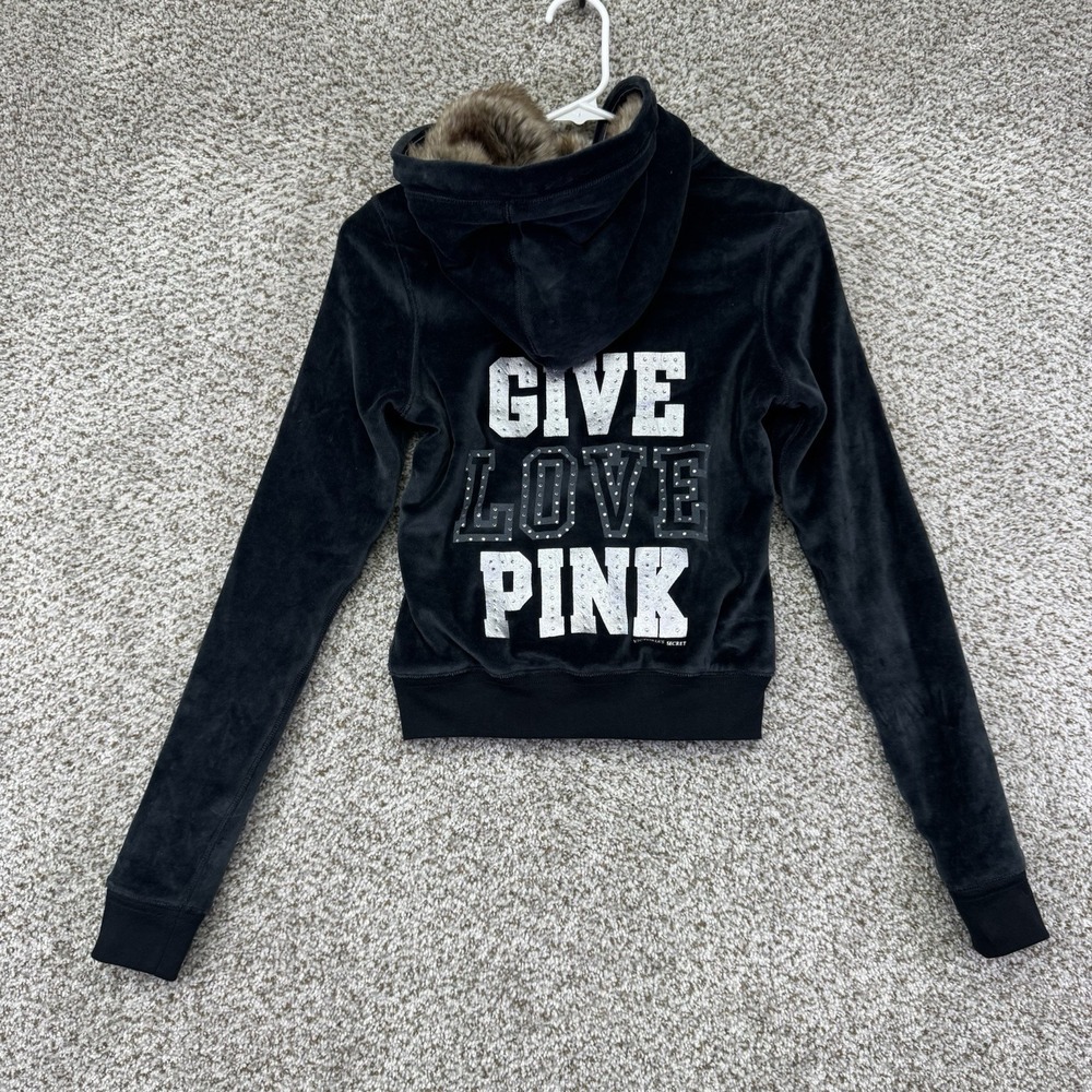 Vintage Y2K PINK Victoria's Secret Bling Fur Lined‎ Hoodie Jacket Women's XS NEW